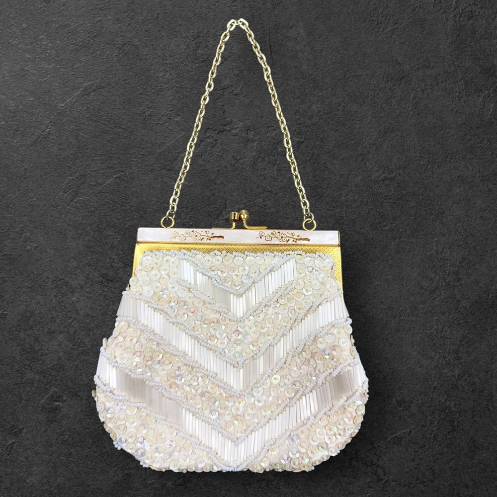 Vintage Beaded Sequin Evening Bag Purse Formal Clutch Old Money Chain Strap